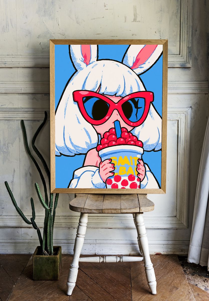 Bunny with Bubble Tea Illustration Poster. room preview