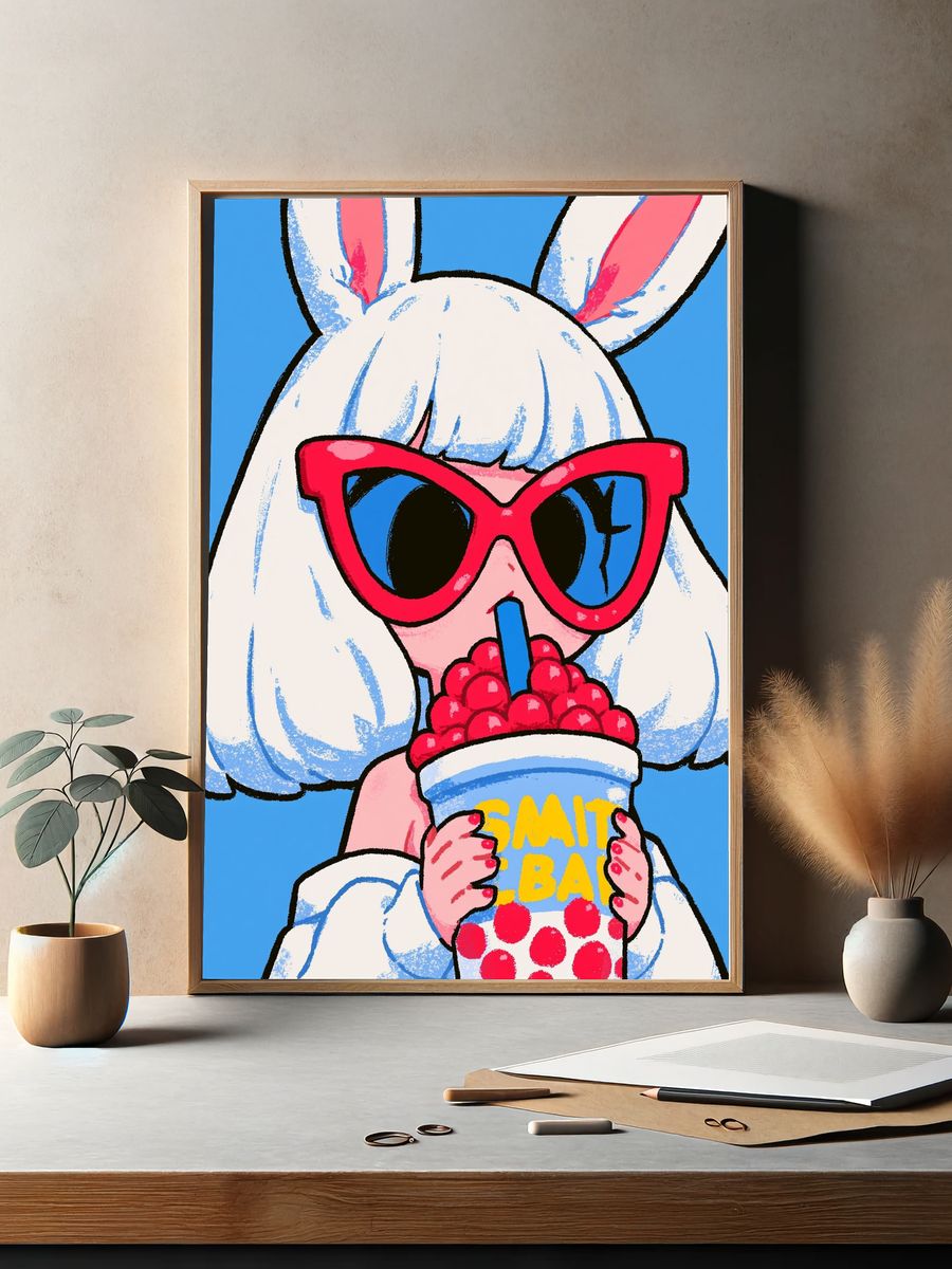 Bunny with Bubble Tea Illustration Poster. — room view 2