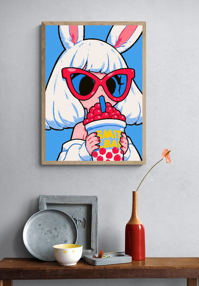 Bunny with Bubble Tea Illustration Poster. — room view 3