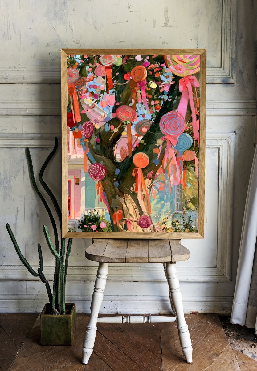 Whimsical Ribbon Tree Illustration Print. room preview