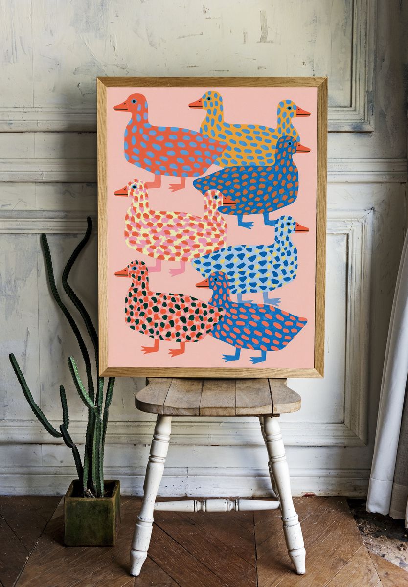 Patterned Ducks Illustration Poster. — room view 1