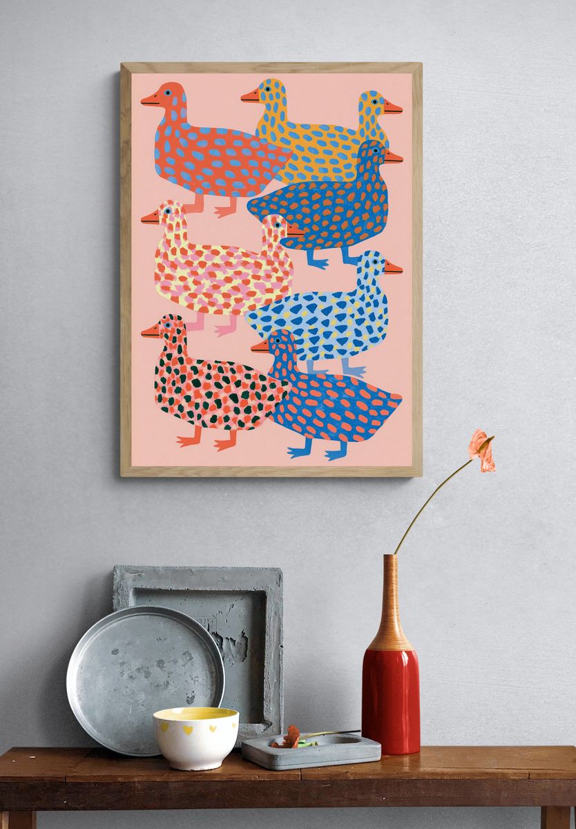 Patterned Ducks Illustration Poster. — room view 3