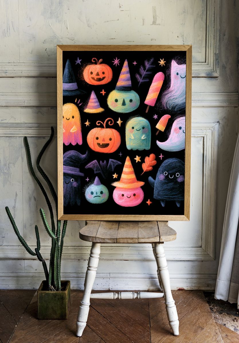 Cute Halloween Ghosts Illustration Poster. — room view 1