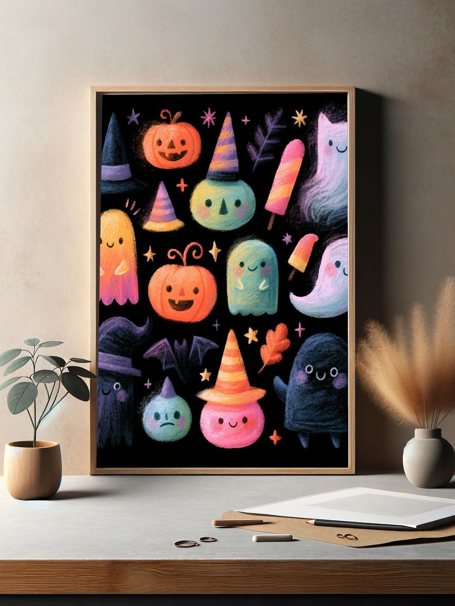 Cute Halloween Ghosts Illustration Poster. — room view 2