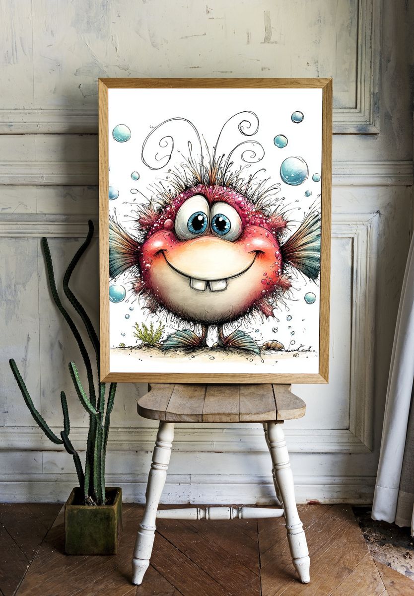 Whimsical Pufferfish Cartoon Print. room preview