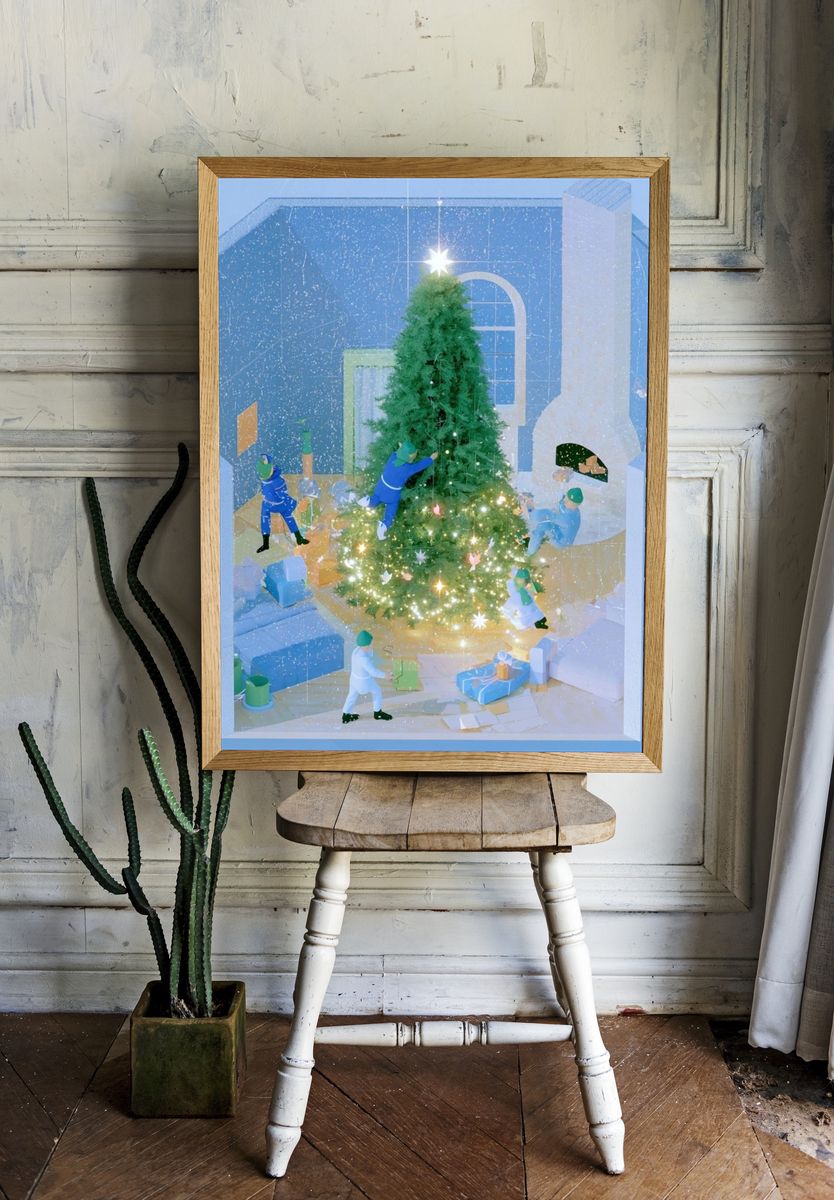 Christmas Tree Decorating Illustration Poster. room preview
