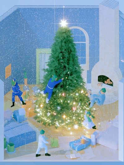 Christmas Tree Decorating Illustration Poster.
