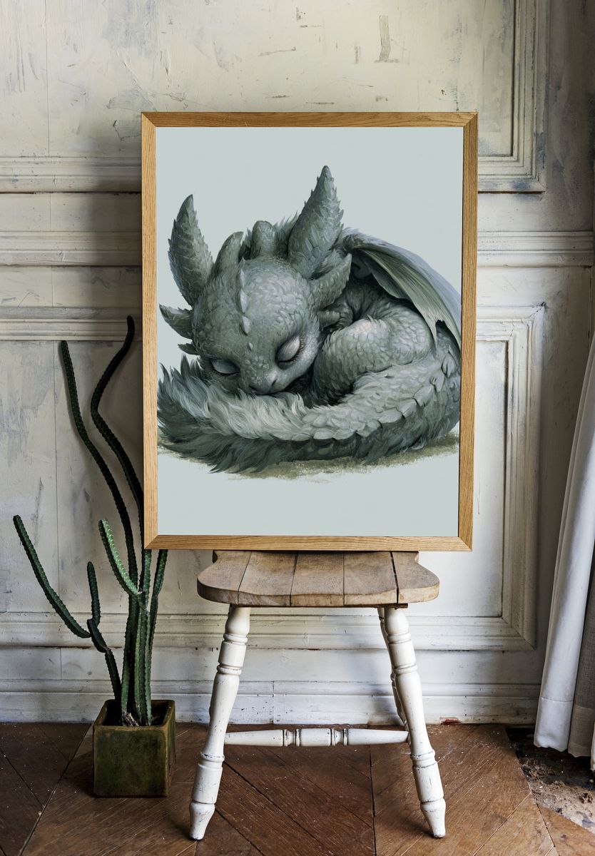 Sleeping Dragon Hatchling Illustration Poster. — room view 1