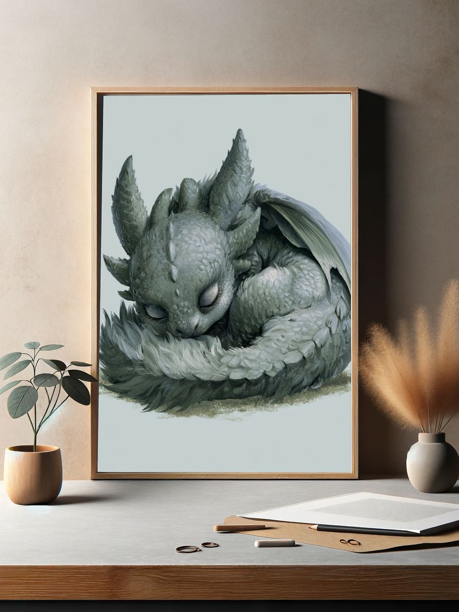Sleeping Dragon Hatchling Illustration Poster. — room view 2