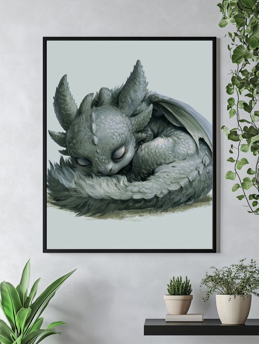 Sleeping Dragon Hatchling Illustration Poster. — room view 4