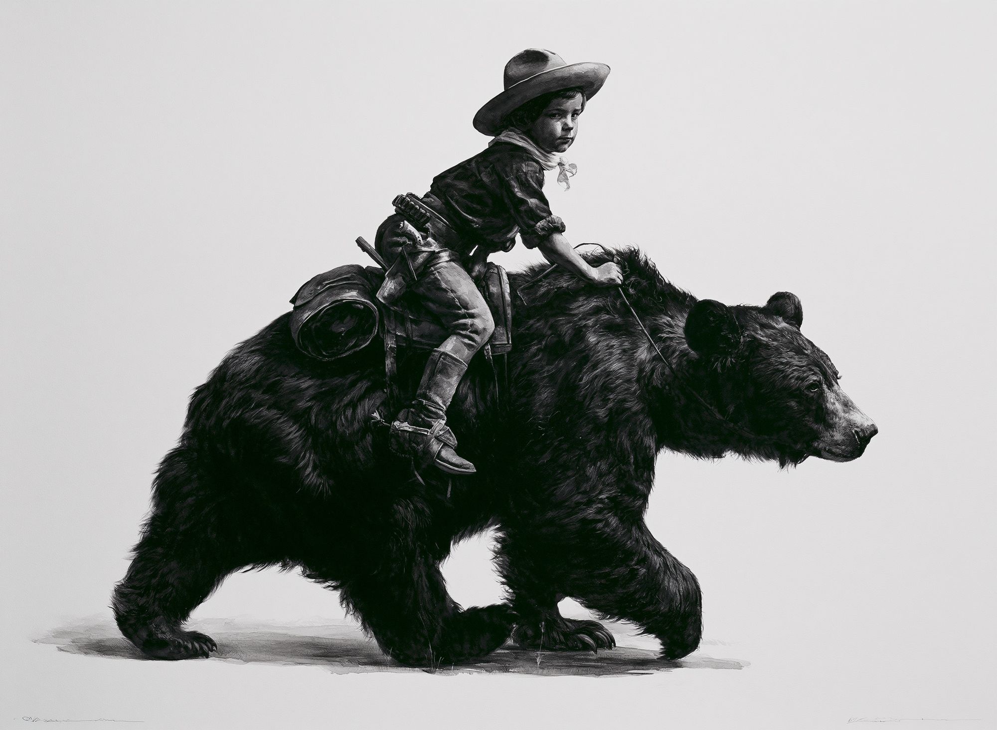 Cowboy Boy on Bear Illustration Print. poster — illustration art