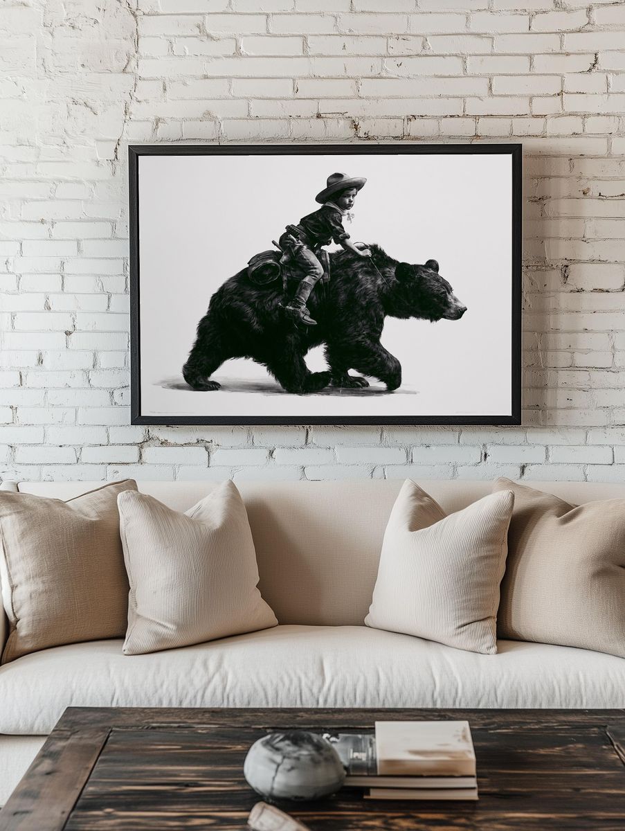 Cowboy Boy on Bear Illustration Print. room preview