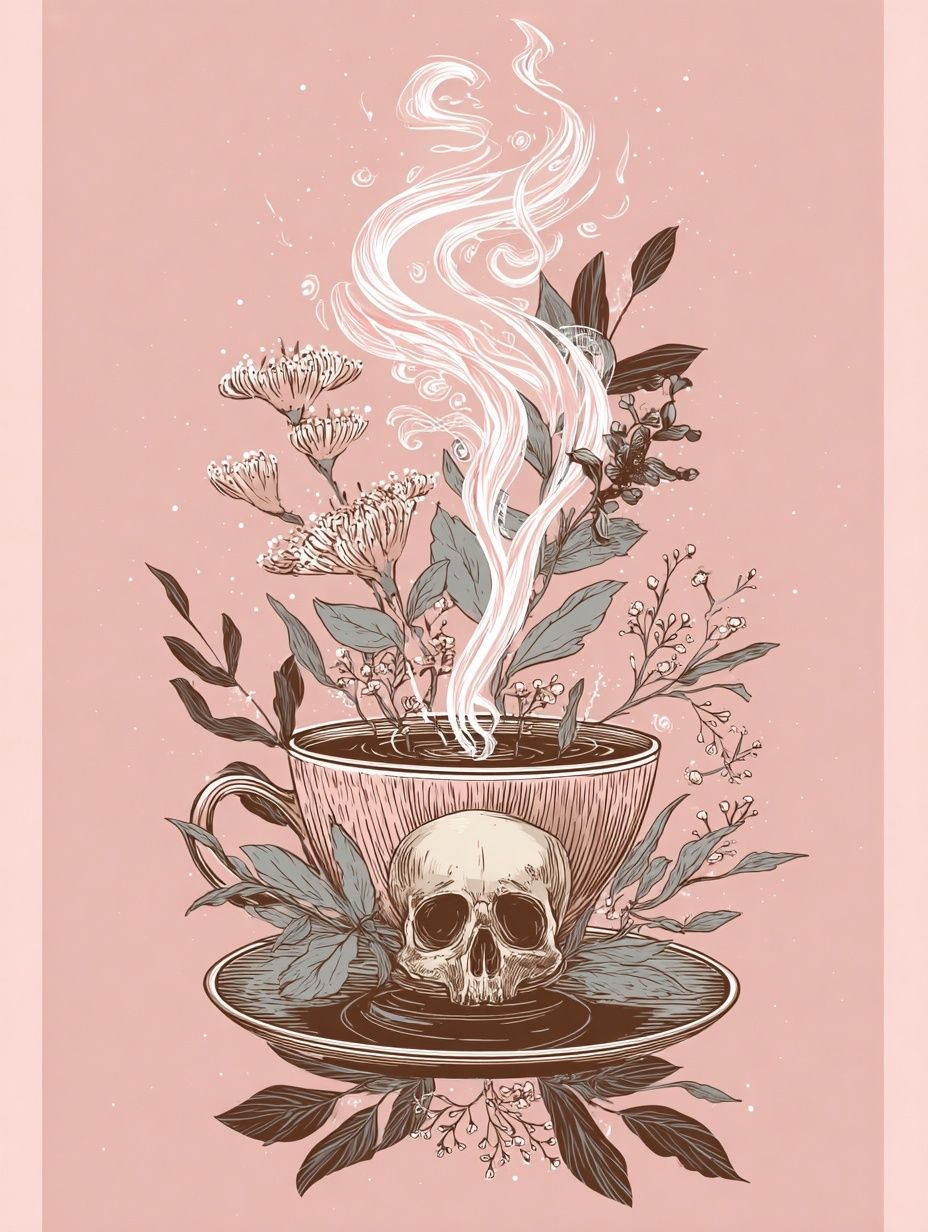 Skull Teacup Botanical Illustration Poster. poster — illustration art