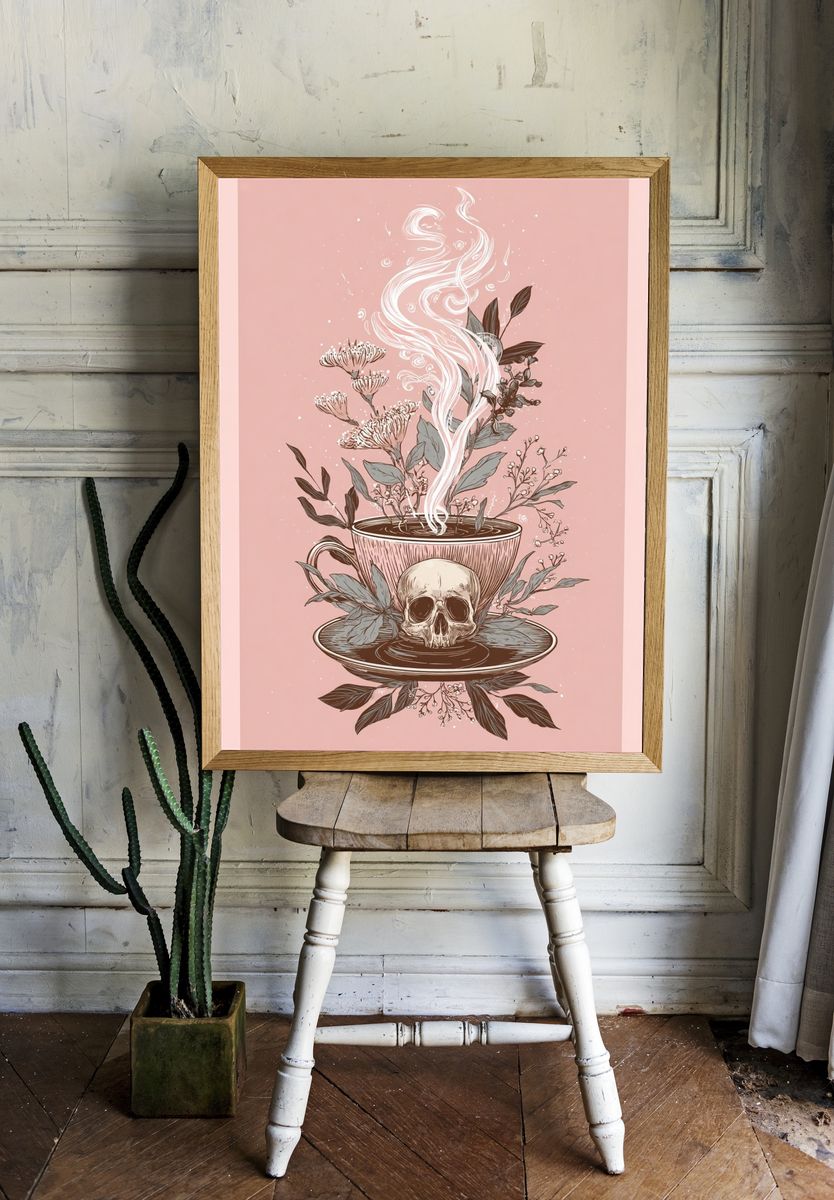 Skull Teacup Botanical Illustration Poster. room preview