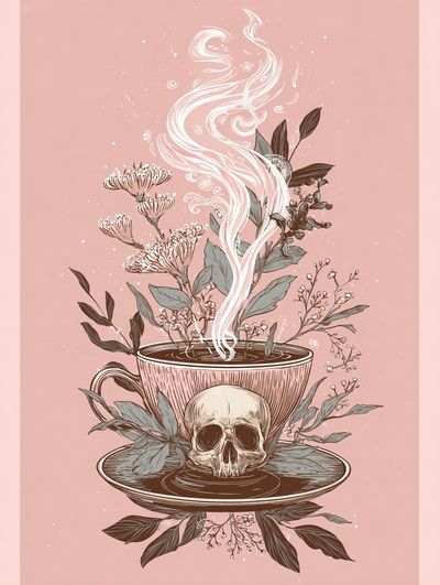 Skull Teacup Botanical Illustration Poster. poster print