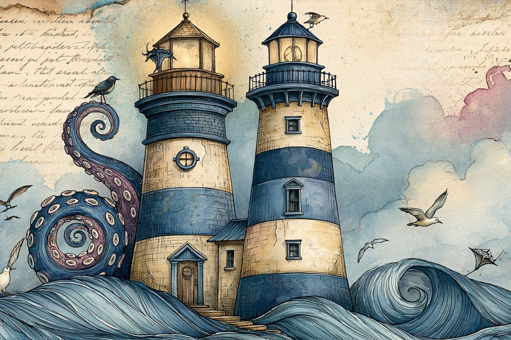 Octopus Lighthouse Fantasy Illustration Poster. poster detail