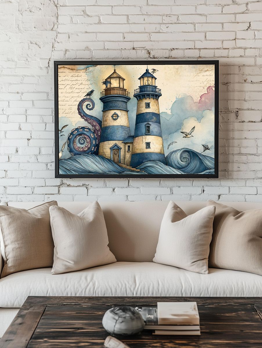 Octopus Lighthouse Fantasy Illustration Poster. room preview
