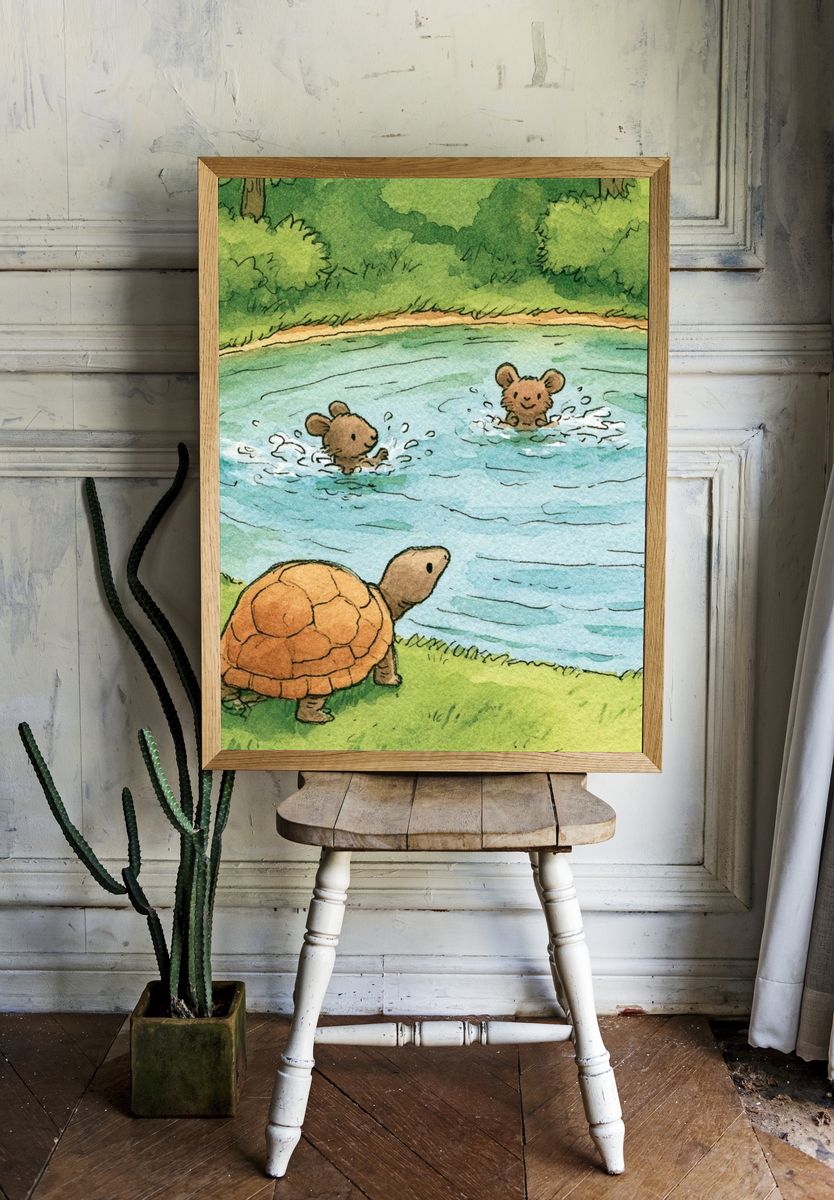 Turtle and Mice Pond Illustration Poster. — room view 1