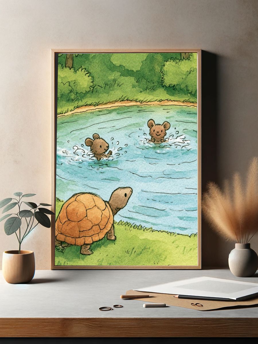Turtle and Mice Pond Illustration Poster. — room view 2