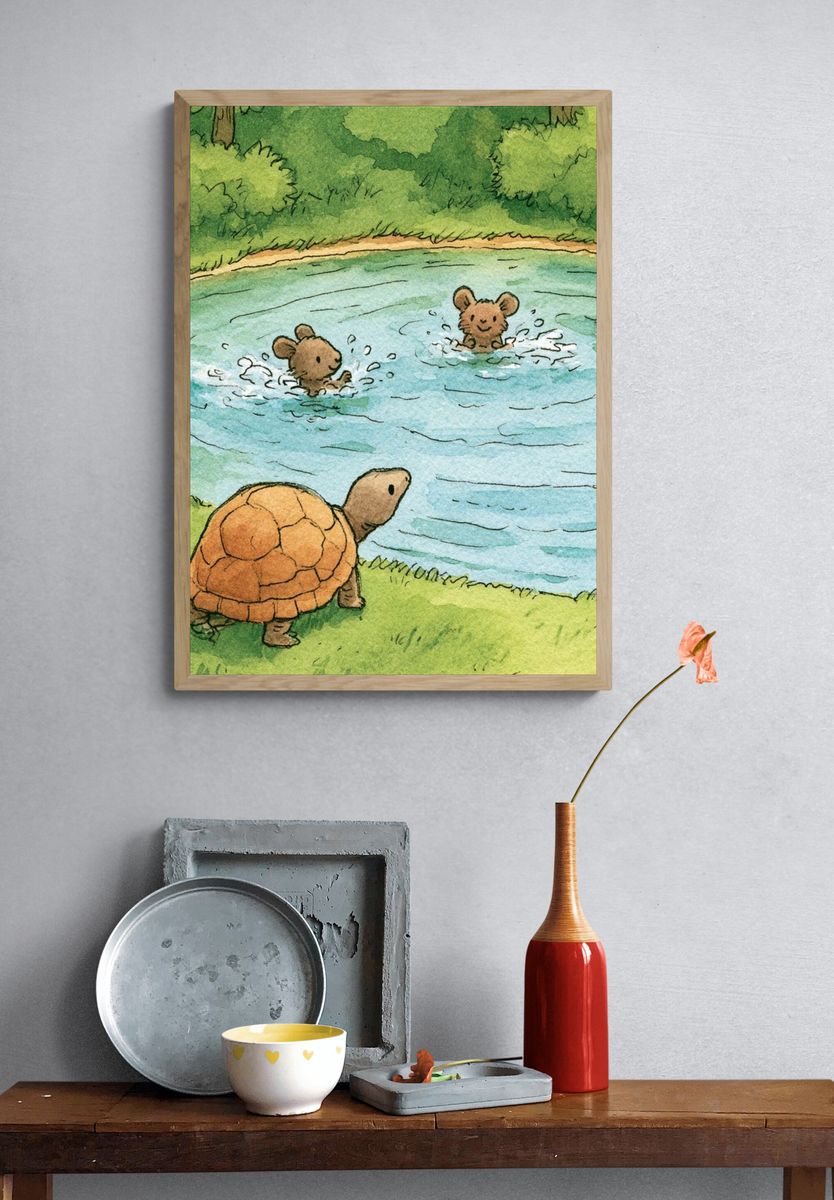 Turtle and Mice Pond Illustration Poster. — room view 3