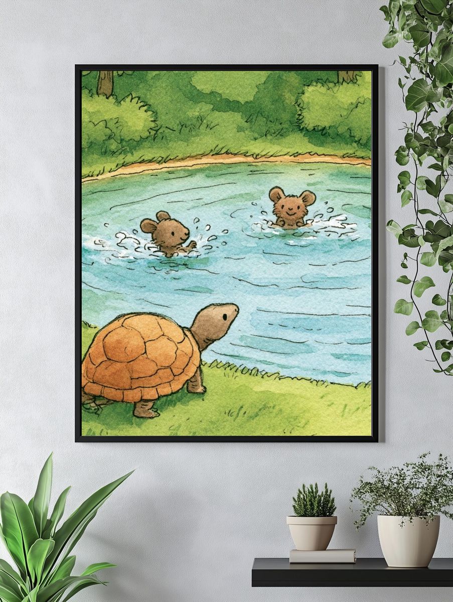 Turtle and Mice Pond Illustration Poster. — room view 4