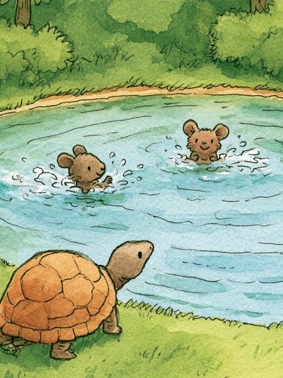 Turtle and Mice Pond Illustration Poster. poster
