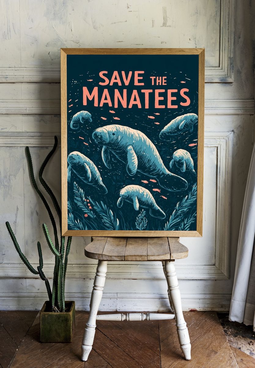 Save the Manatees Illustration Poster. — room view 1