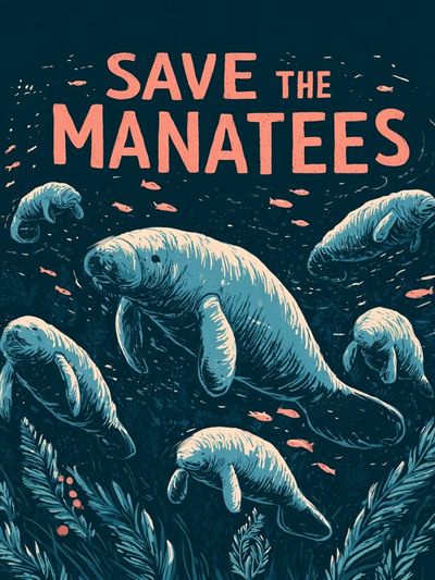 Save the Manatees Illustration Poster.
