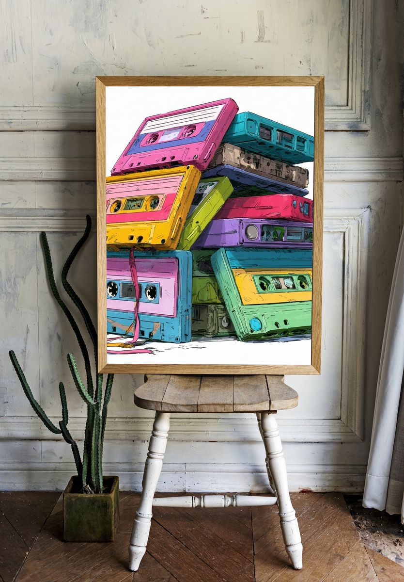 Colorful Cassette Stack Illustration Poster. — room view 1