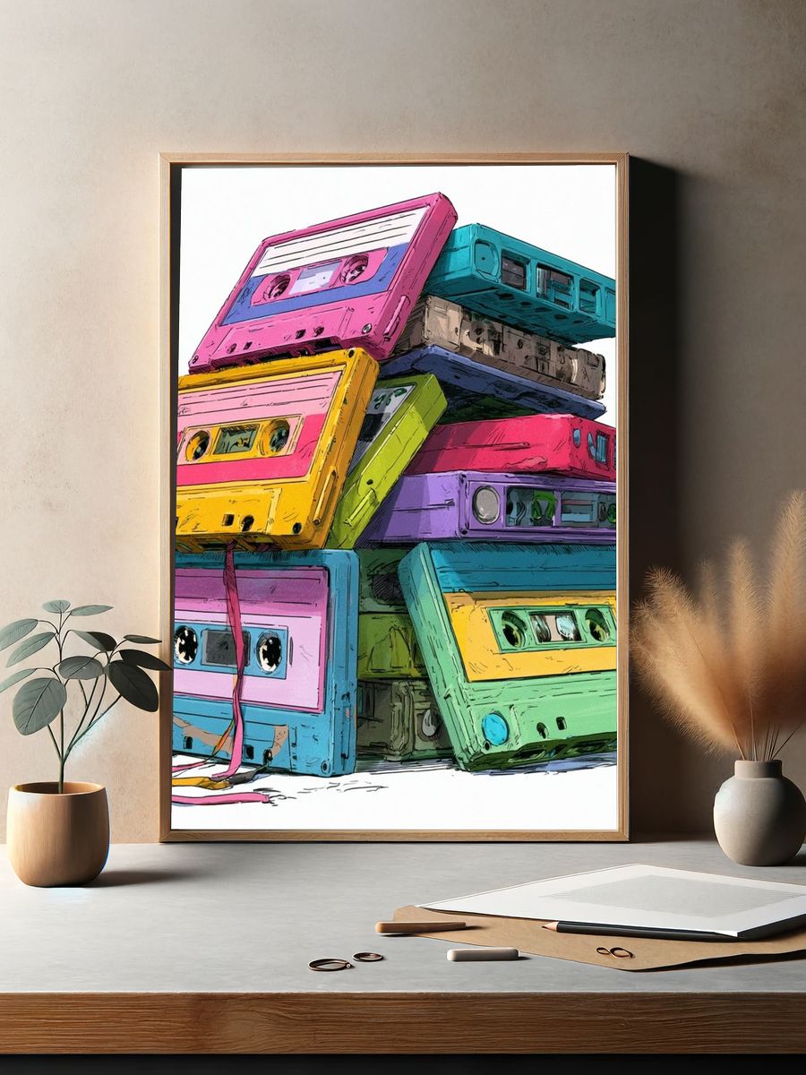 Colorful Cassette Stack Illustration Poster. — room view 2