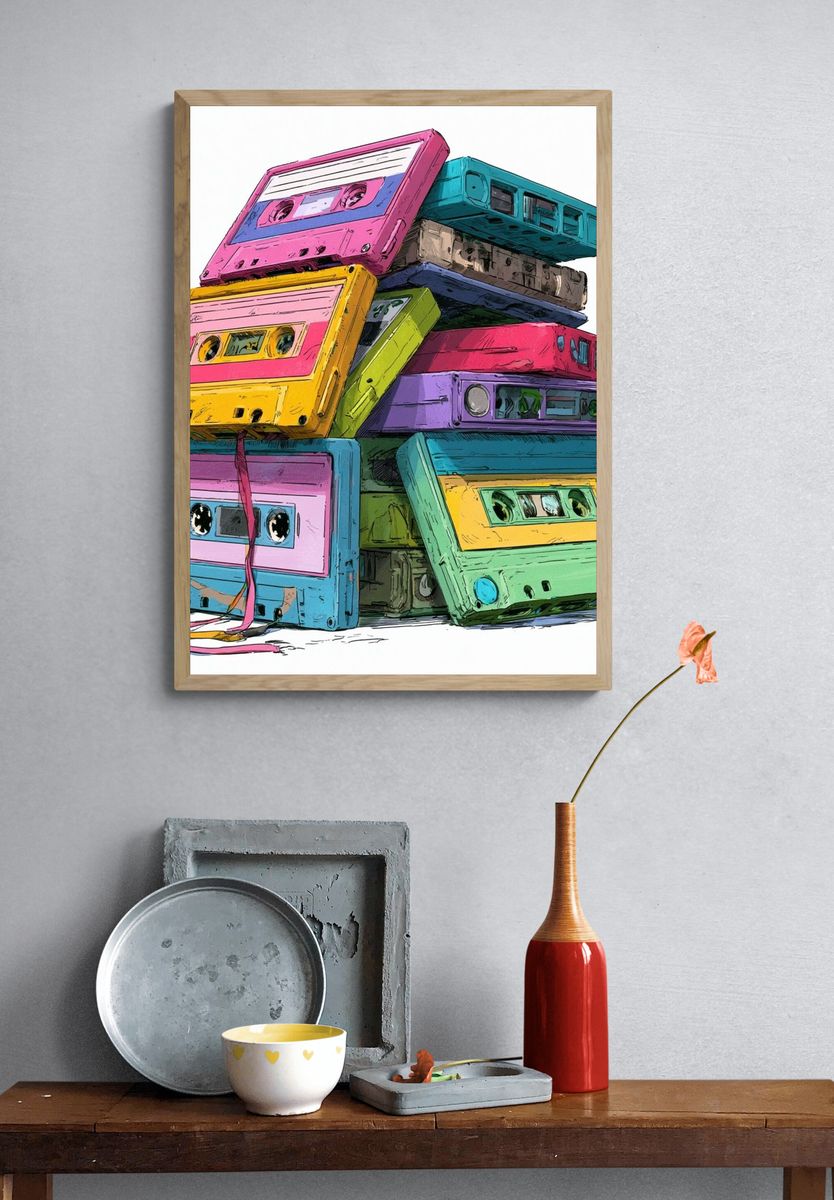 Colorful Cassette Stack Illustration Poster. — room view 3