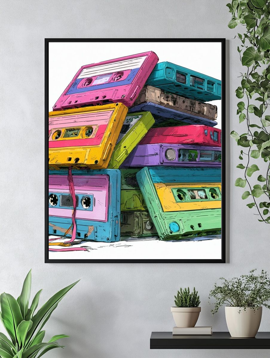Colorful Cassette Stack Illustration Poster. — room view 4