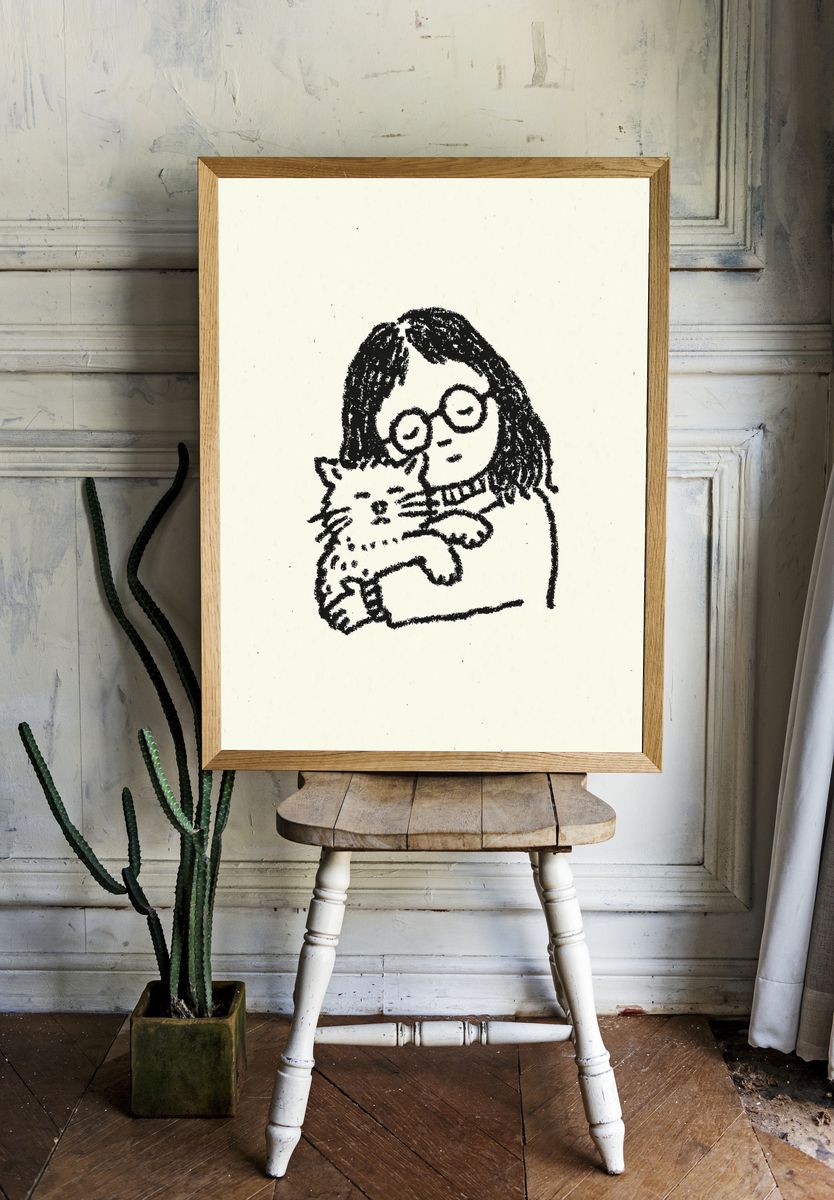 Girl with Cat Ink Print room preview