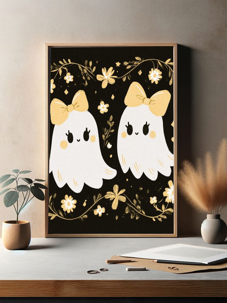 Cute Ghosts Halloween Illustration Poster. — room view 2