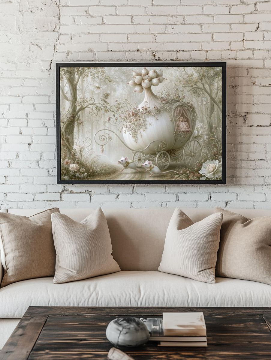 Whimsical Floral Carriage Illustration Poster. — room view 1