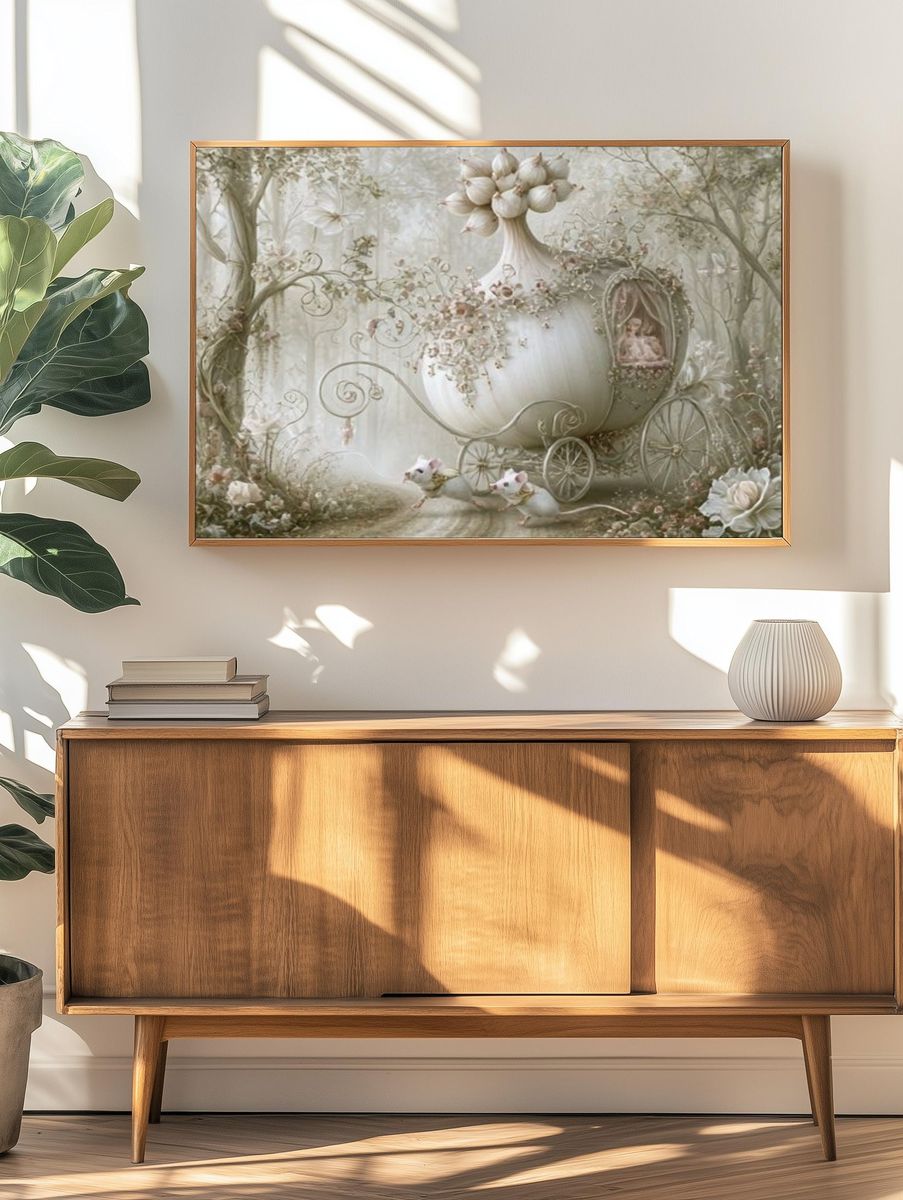 Whimsical Floral Carriage Illustration Poster. — room view 3