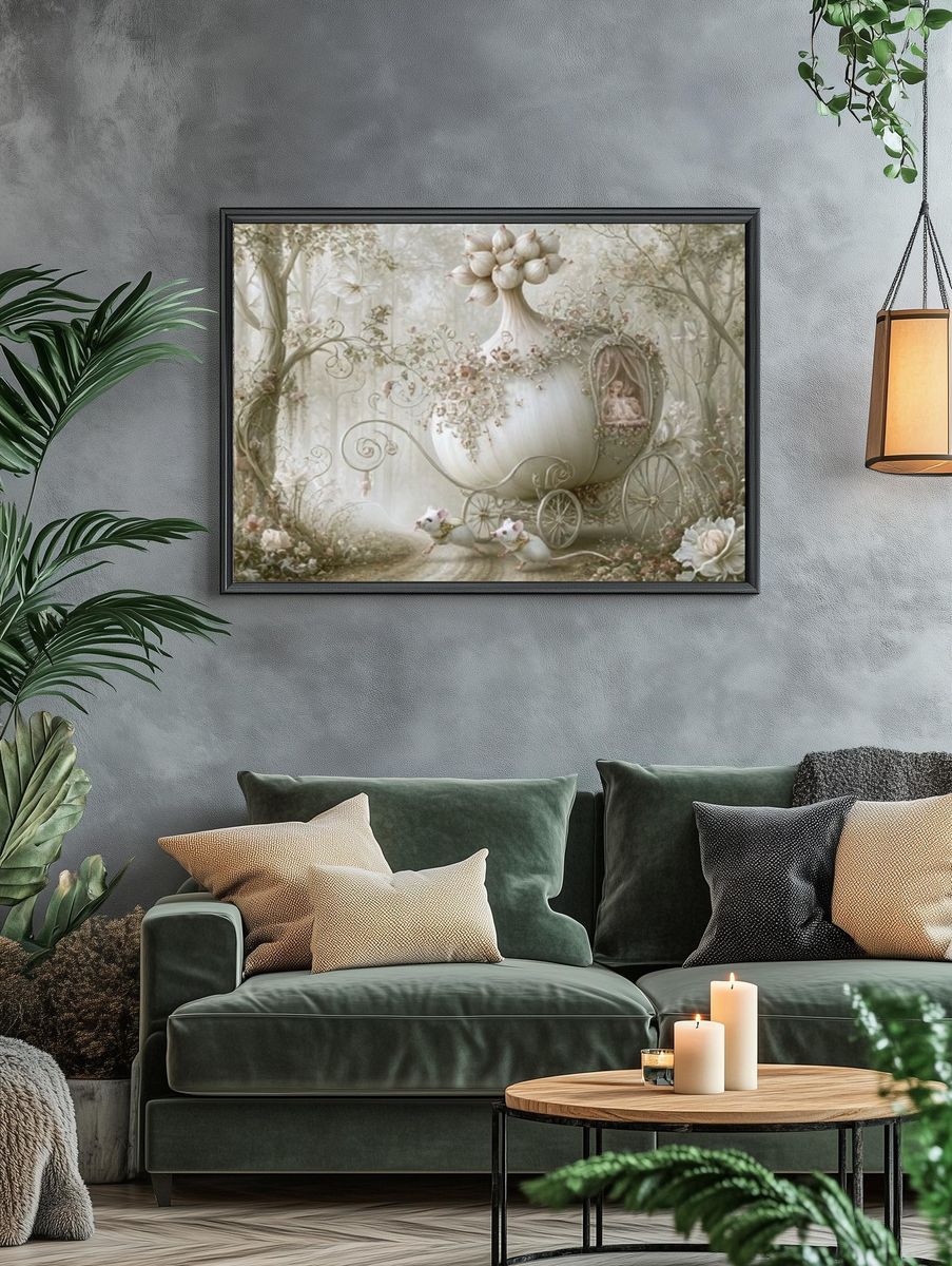 Whimsical Floral Carriage Illustration Poster. — room view 4