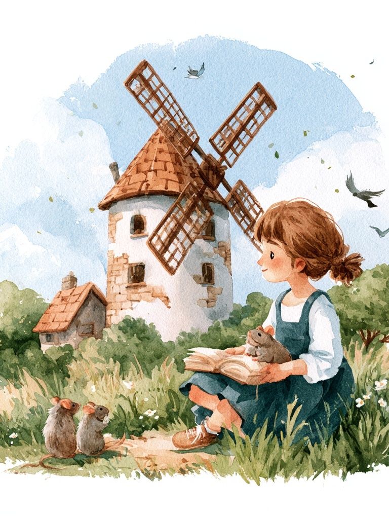 Girl and Windmill Watercolor Print. poster — illustration art