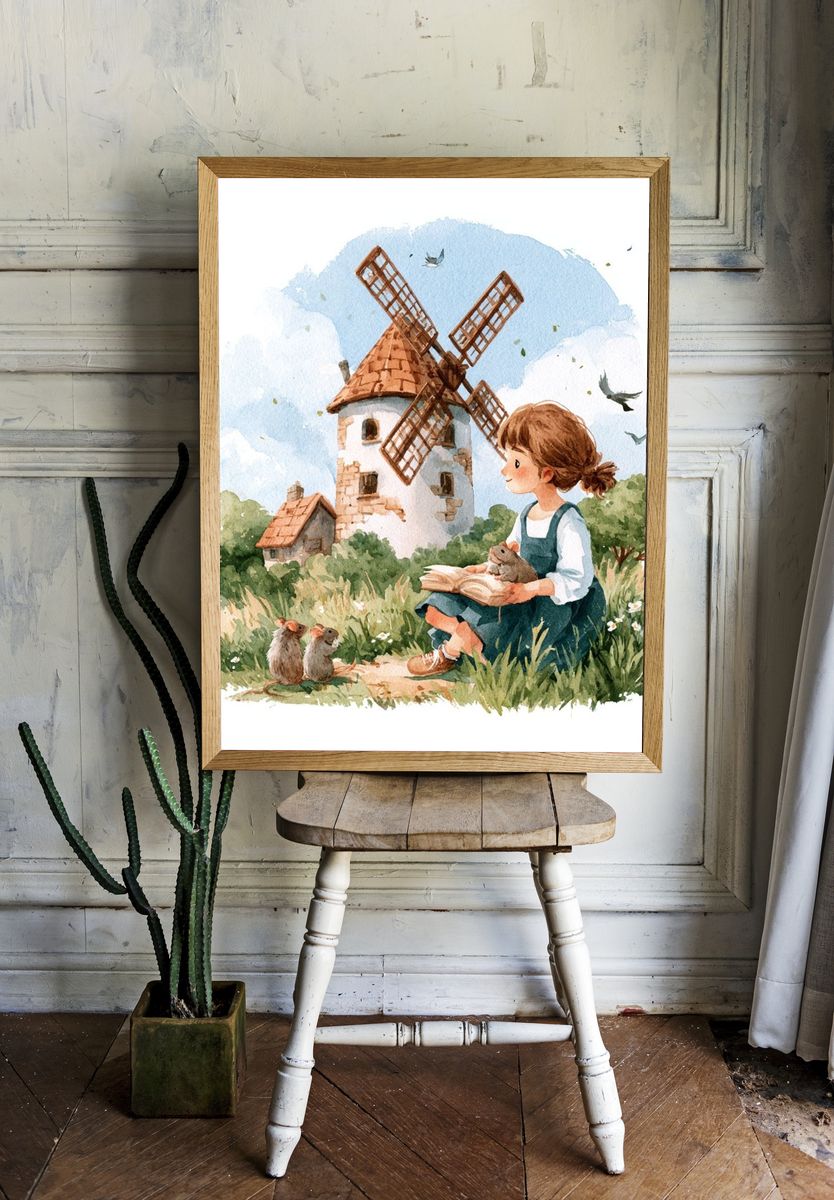Girl and Windmill Watercolor Print. — room view 1