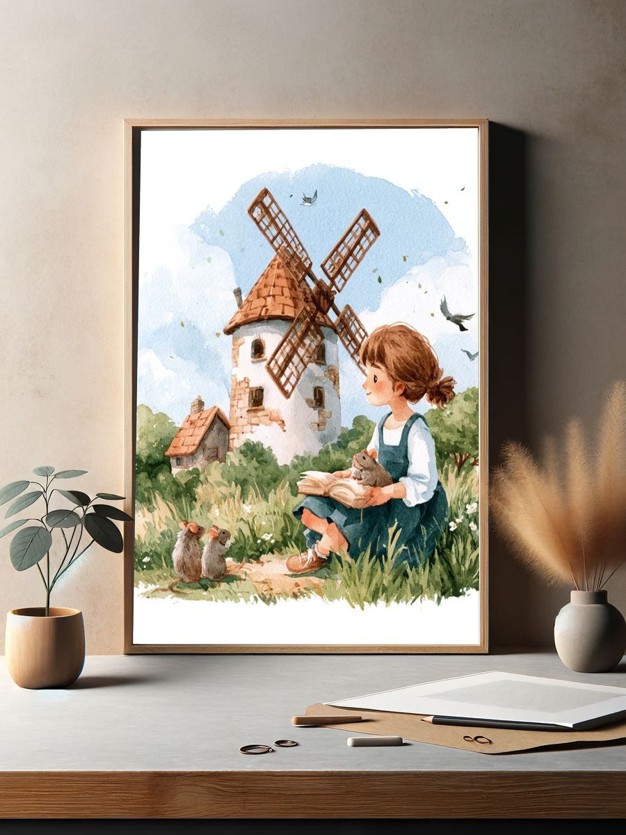 Girl and Windmill Watercolor Print. — room view 2