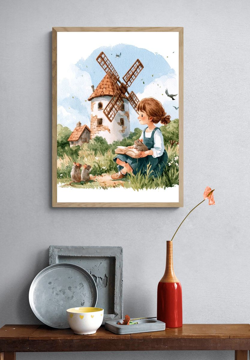 Girl and Windmill Watercolor Print. — room view 3
