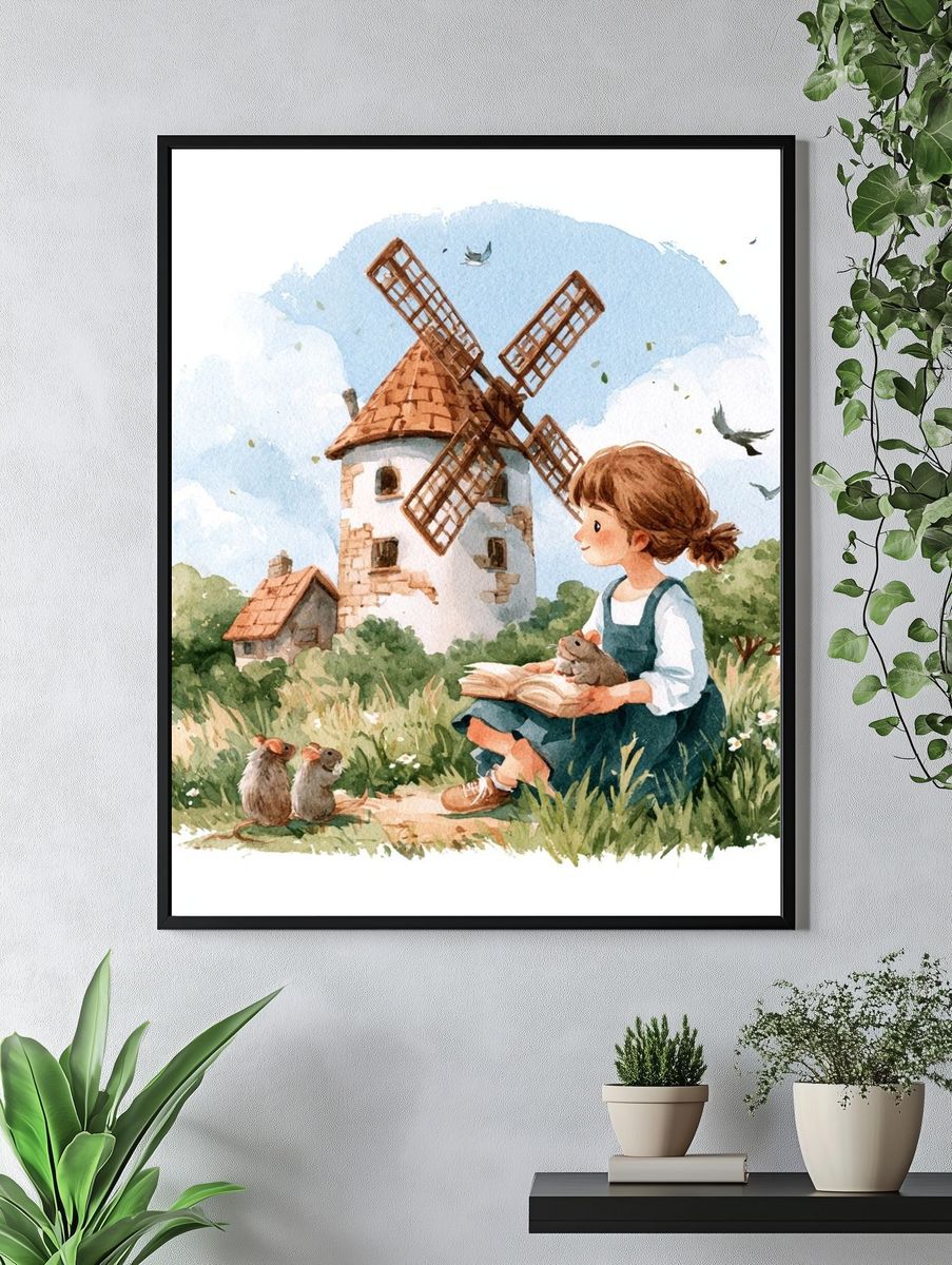 Girl and Windmill Watercolor Print. — room view 4