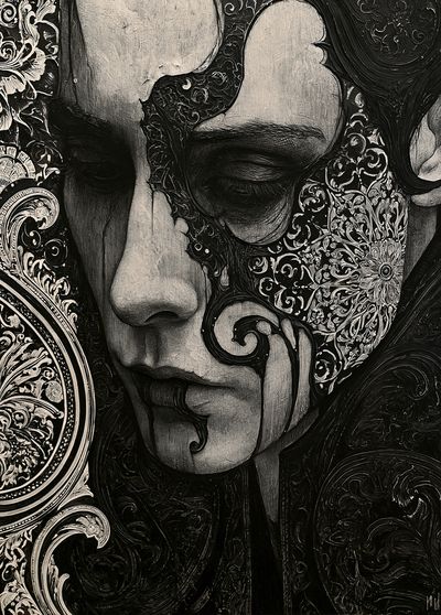 Ornate Monochrome Face Illustration Poster. poster