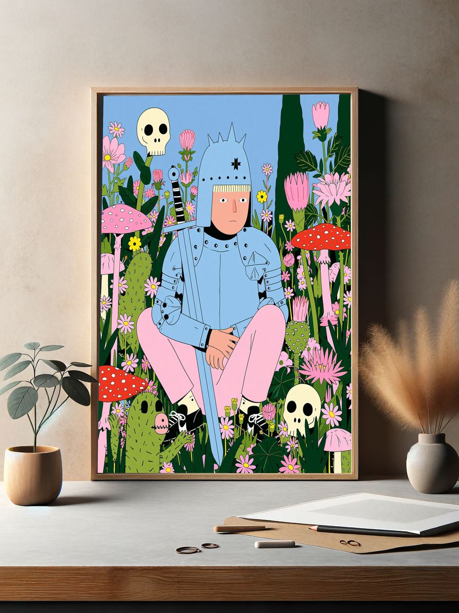 Knight in Flower Field Illustration Poster. — room view 2