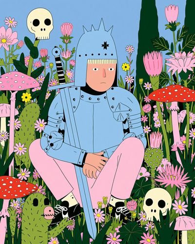 Knight in Flower Field Illustration Poster. poster
