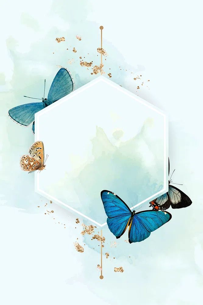 Hexagon frame blue butterflies patterned. poster detail