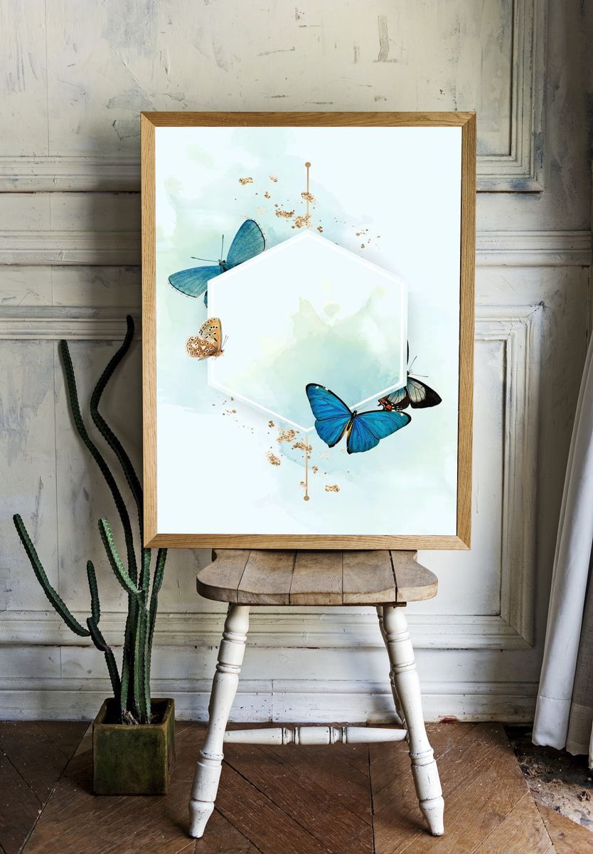 Hexagon frame blue butterflies patterned room preview