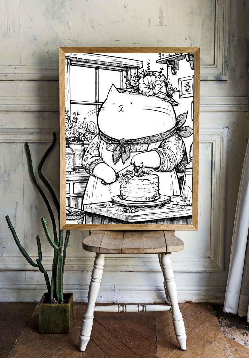 Cat Baker Kitchen Illustration Print. — room view 1