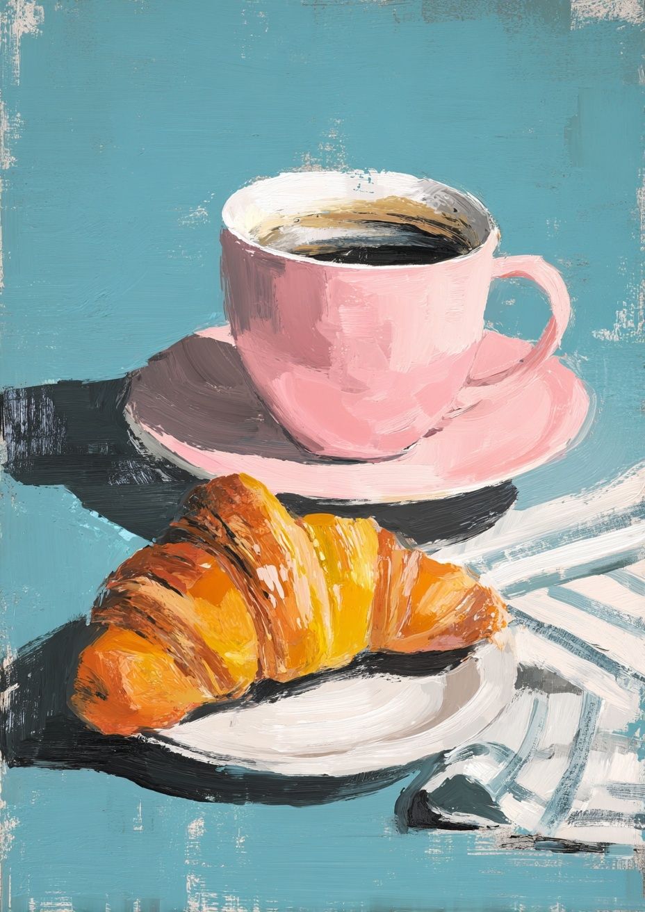 Pink Coffee and Croissant Still Life Poster. poster — illustration art