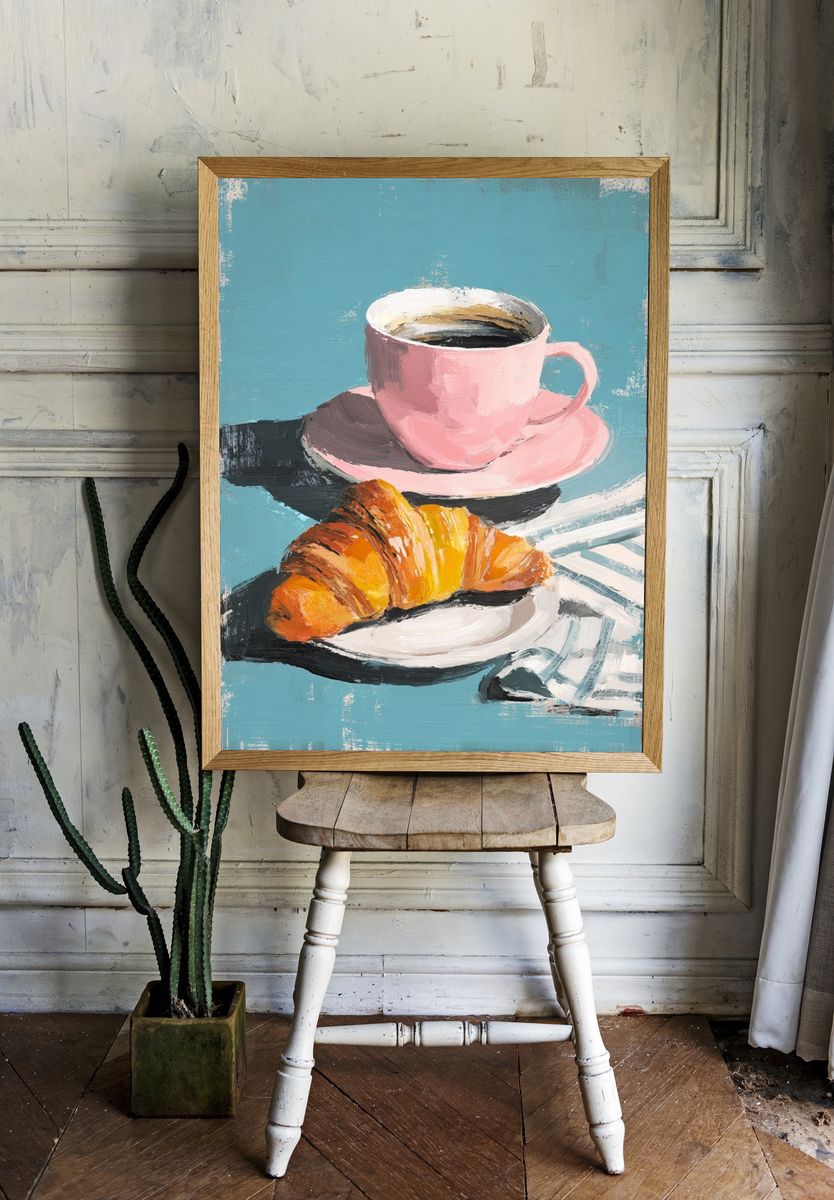 Pink Coffee and Croissant Still Life Poster room preview
